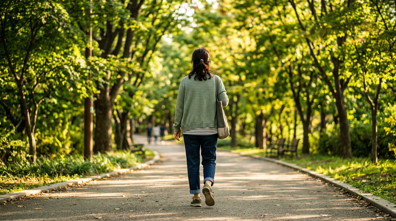 햇빛 드는 산책길을 가볍게 걸어가는 중년 여성의 뒷모습
