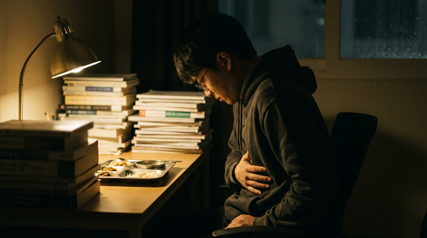 밤늦게 책 더미 옆에서 명치를 손으로 누르고 있는 학생의 옆모습